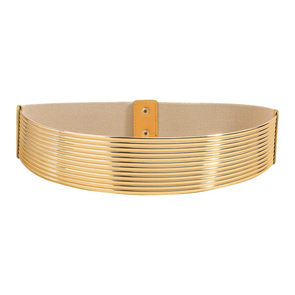 Ceinture de taille dorée pour femme, élastique, brillante, boutonnée, large, robe, haute qualité