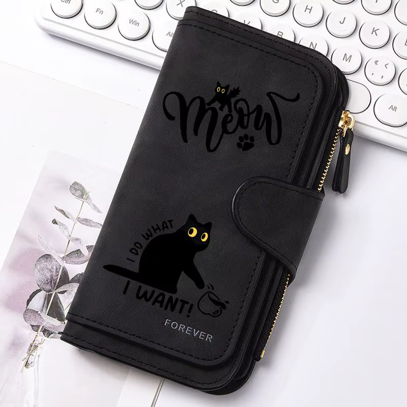 Portefeuille long pour femme Black Cat avec plusieurs emplacements pour cartes, une poche à monnaie