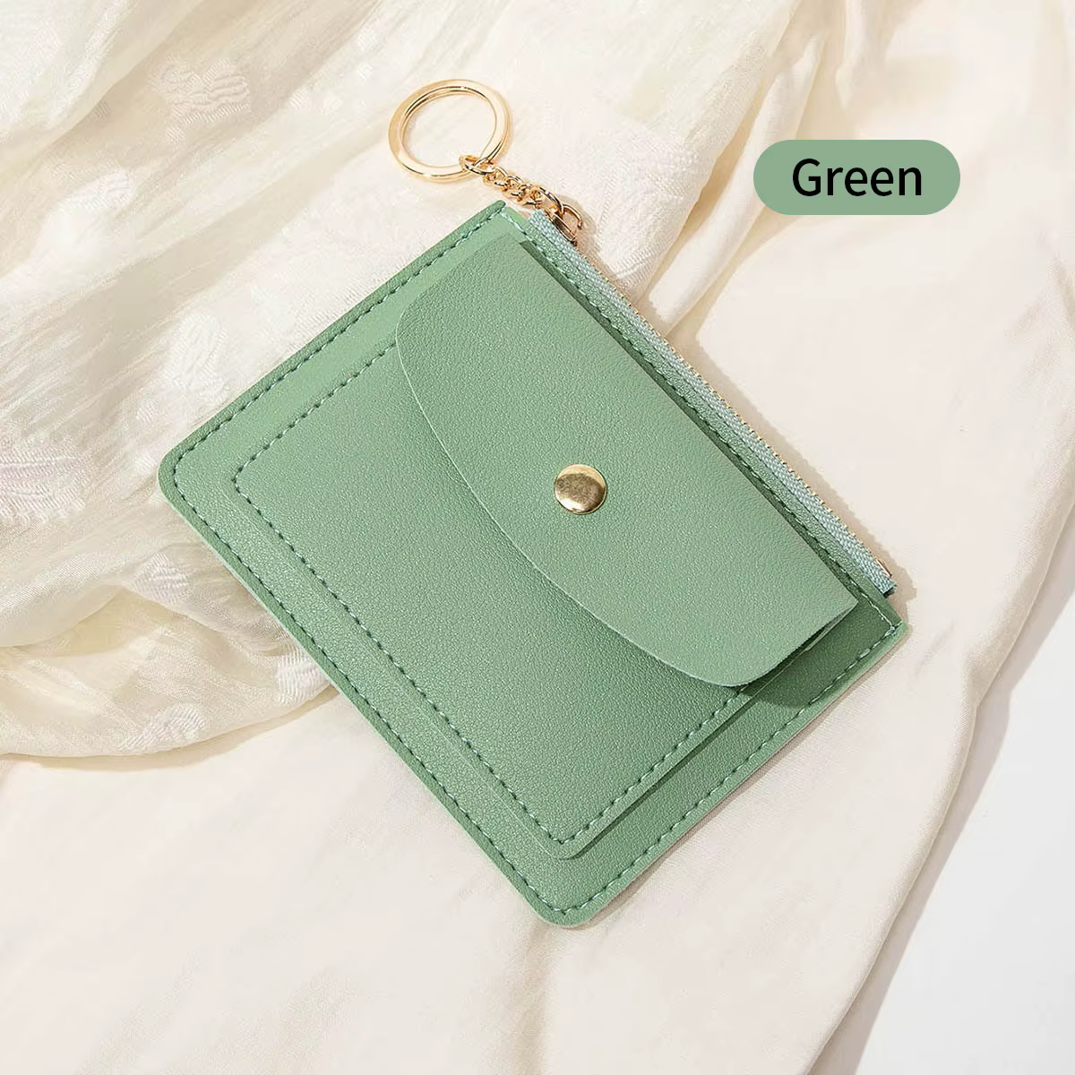 Portefeuille fin en cuir PU vert pour femme, porte-cartes, porte-clés, fermeture éclair, mini porte-