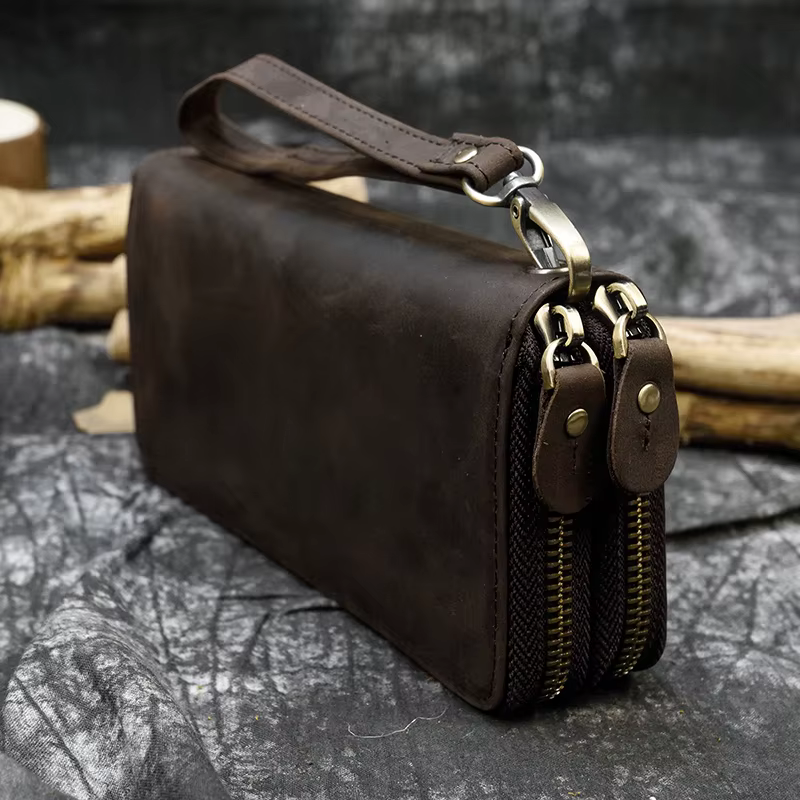 Portefeuille de styliste en cuir véritable pour homme d'affaires, avec Double fermeture éclair, en p