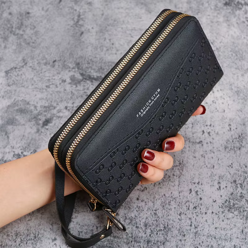 Portefeuille en cuir PU pour femmes avec pompon, porte-monnaie et porte-cartes à Double fermeture éc
