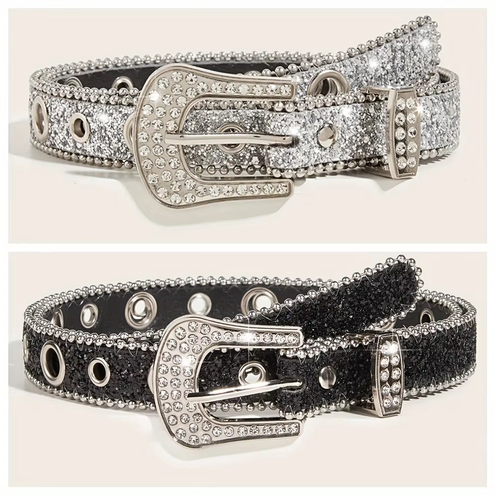 Ceinture scintillante en cuir PU pour femmes, imprimé solide, cloutée en cristal, tendance Y2K, régl