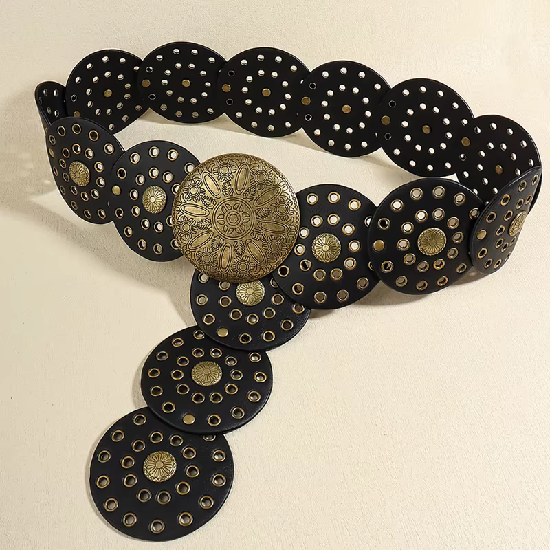 Ceinture en denim évidée pour femme, style occidental, disque large exagéré, rétro, douce et durable