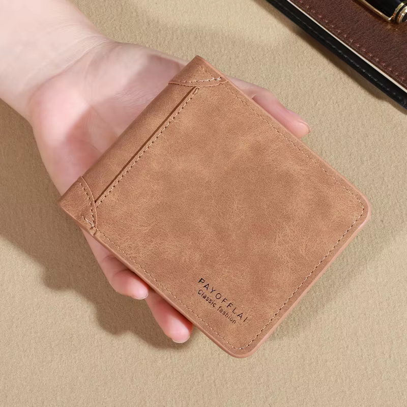 Portefeuille vintage en cuir mat pour hommes – Café à trois volets avec fentes multi-cartes, pince à