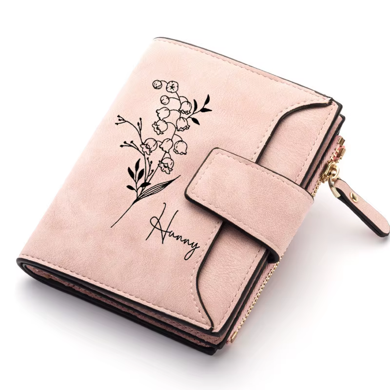 Portefeuille en cuir avec nom personnalisé pour femmes, porte-monnaie personnalisé avec motif de fle