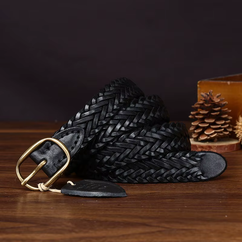 Ceinture en cuir artisanale avec boucle en cuivre, ceinture tressée vintage pour femme, cuir de vach