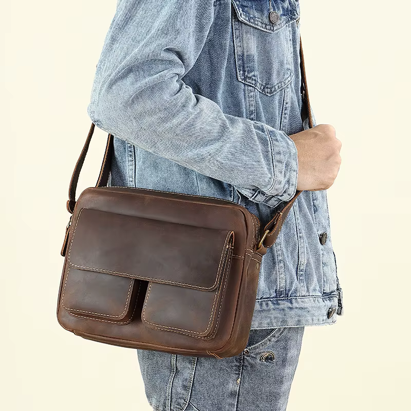 Sac messager vintage en cuir Crazy Horse – Cartable à bandoulière en cuir de vache de grain supérieu