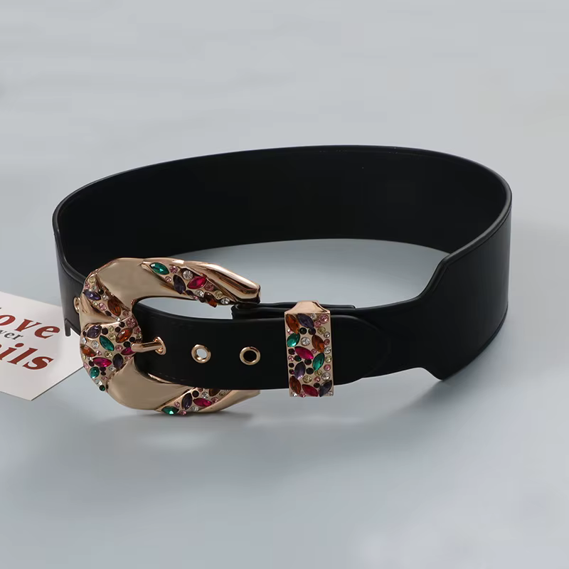 Ceinture large en cuir de luxe, style rétro, avec strass et zircon, design de niche, élégante et ten