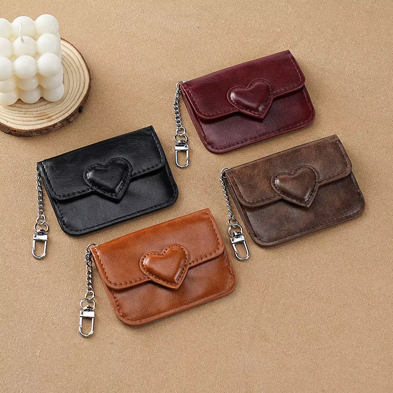 Porte-cartes Vintage en cuir PU pour femmes, petit portefeuille mignon en forme de cœur, porte-clés 