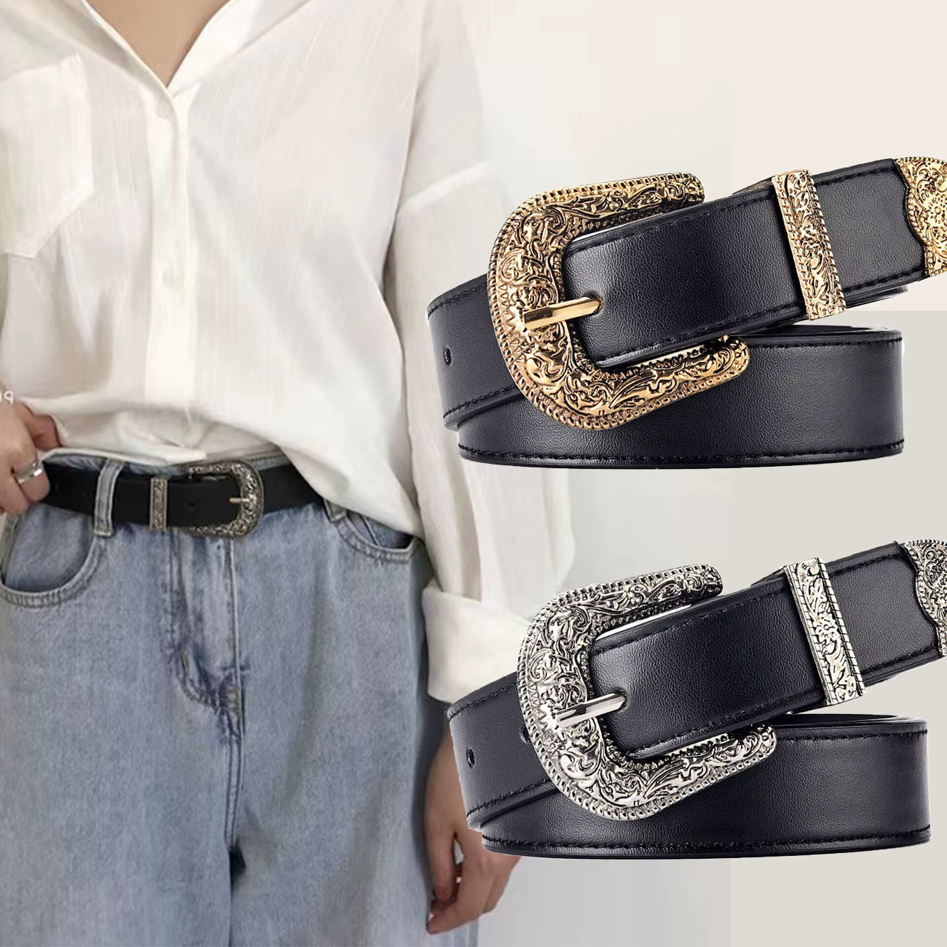 Ceinture en cuir PU vintage pour femmes, ceinture sculptée pour hommes, ceinture de jeans bon marché
