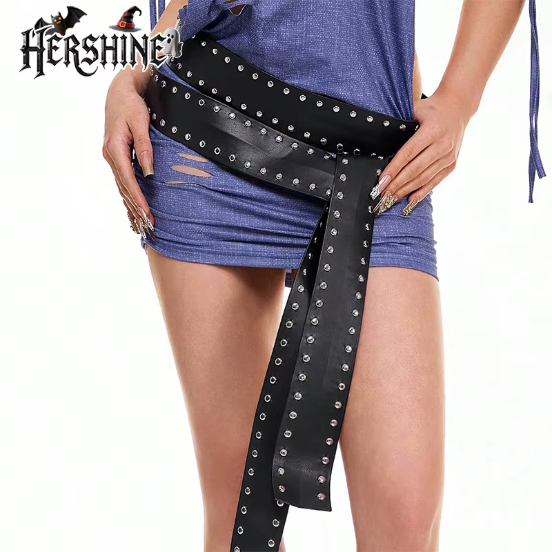 HERSHINE 1 pièce femme noir à la mode clouté longue ceinture large, Y2K gothique Punk Harajuku Rock