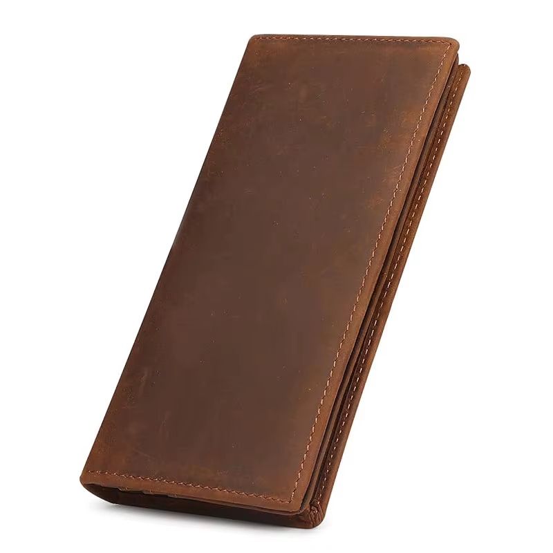 Portefeuille long en cuir pour homme, double pli, en cuir de vachette véritable, portefeuille vintag