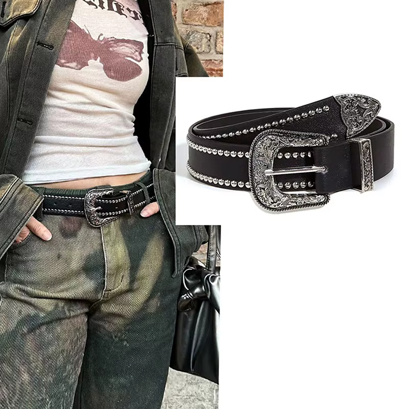 Ceinture en cuir noire réglable pour femme, style punk goth rock sauvage, avec rivets creux décorati