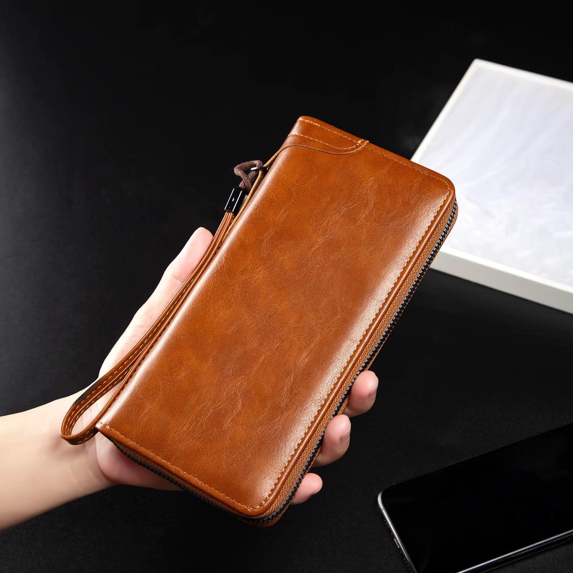 Portefeuille Long à fermeture éclair pour hommes, portefeuille en cuir Pu de haute qualité, blocage