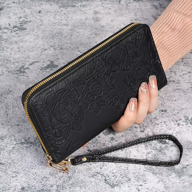 Portefeuille long pour femme en cuir gaufré floral - Porte-carte de crédit avec fente pour téléphone