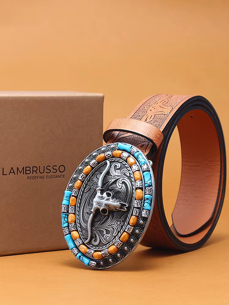Ceinture en cuir de vachette vintage style western LAMBRUSSO pour homme, avec boucle décorative
