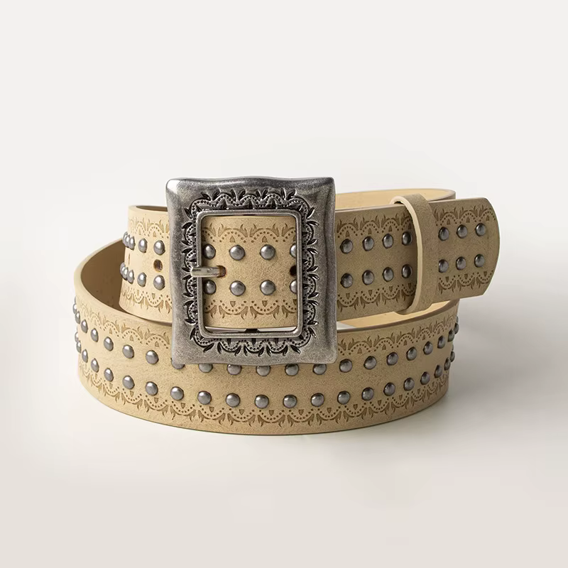 Ceinture texturée et cloutée de style bohème coréen avec finition vieillie exquise - Ceinture tendan
