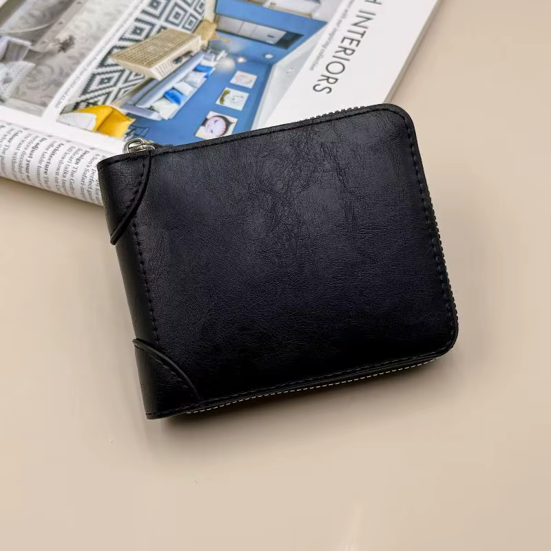 Portefeuille pour homme en cuir de qualité avec fermeture éclair, porte-cartes fin, design court pou