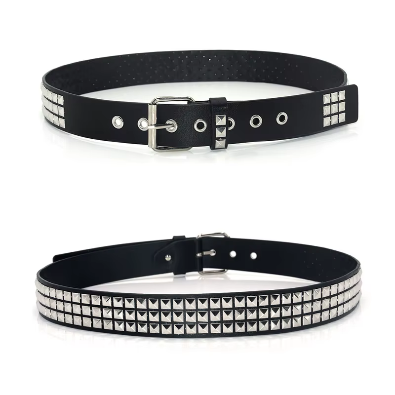 Ceinture Punk Noire en Cuir PU Cloutée pour Homme, Ceinture Gothique à Rivets Carrés et Clous Pyrami