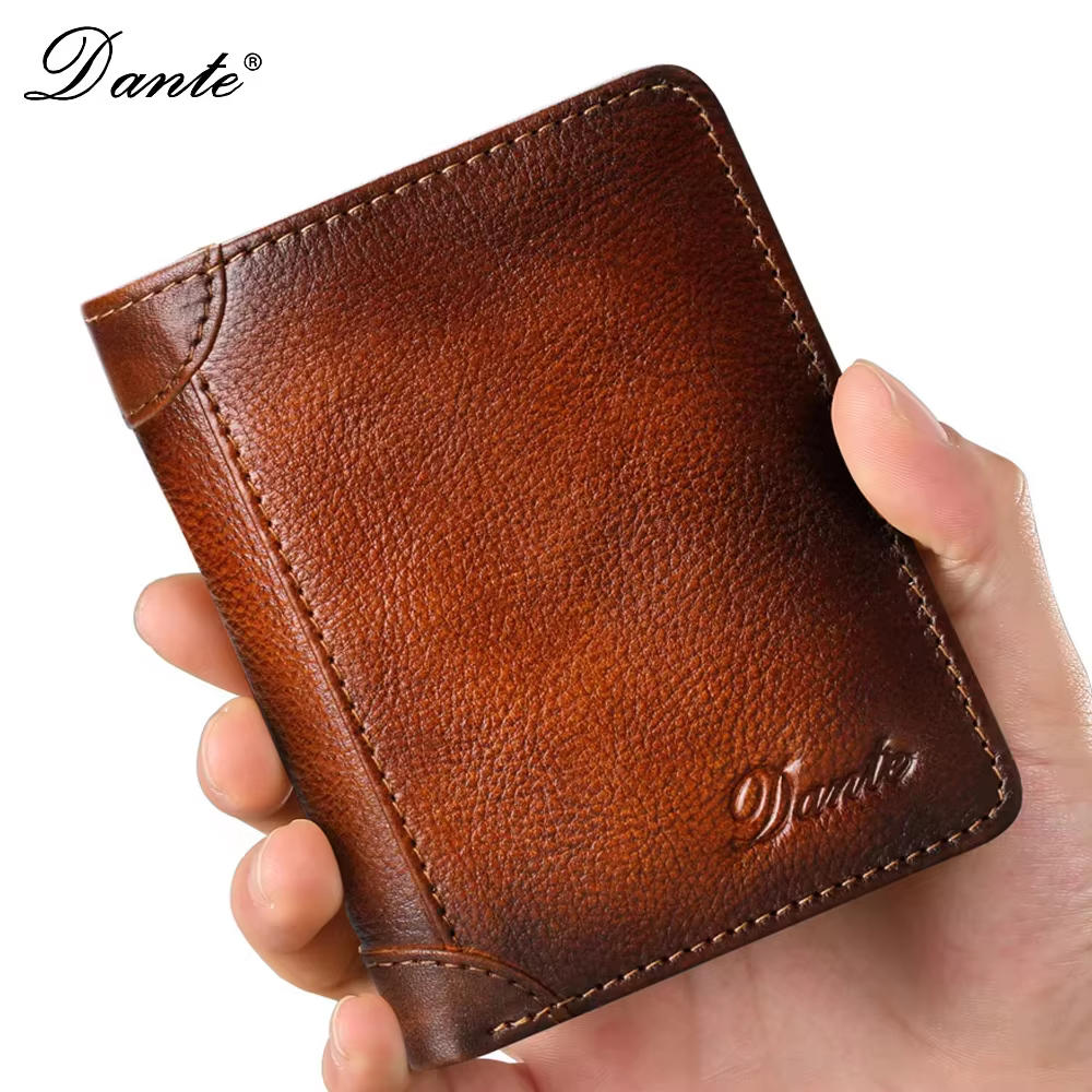 Portefeuille en cuir pour homme Dante, anti-RFID, en cuir de vachette pleine fleur, style rétro déco