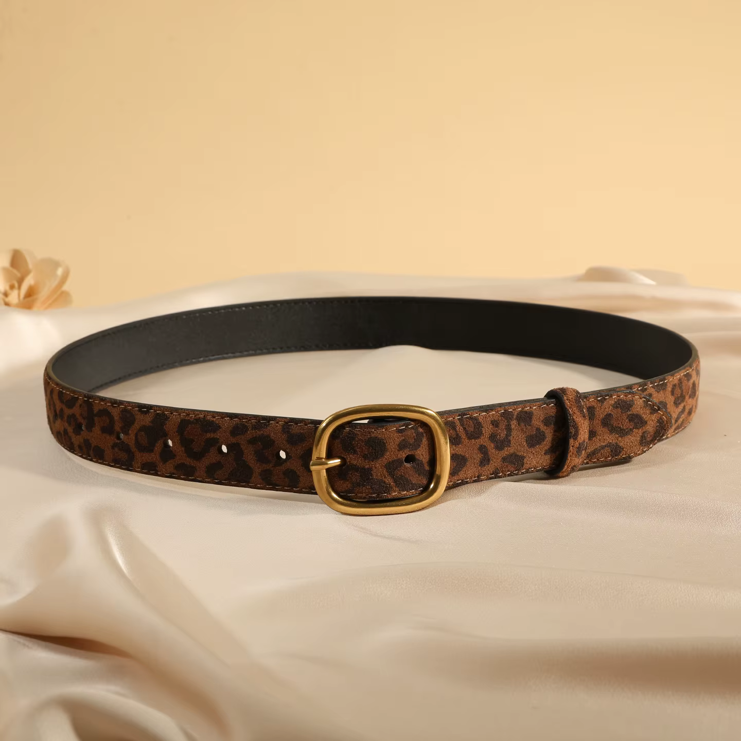 Ceinture en cuir suédé imprimé léopard pour femmes, avec boucle en métal, ceinture de taille en cuir