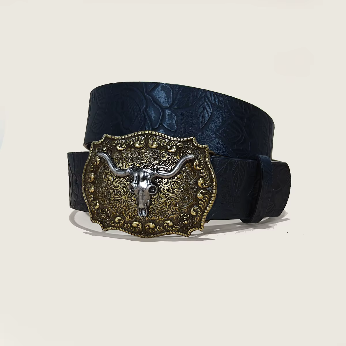 Ceinture de Cowboy occidentale pour femmes et hommes, boucle de taureau, ceinture noire gravée flora