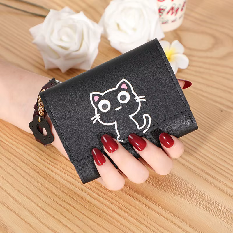 Portefeuille chat mignon pour femmes, petit porte-monnaie court en cuir PU, porte-carte pour dames,