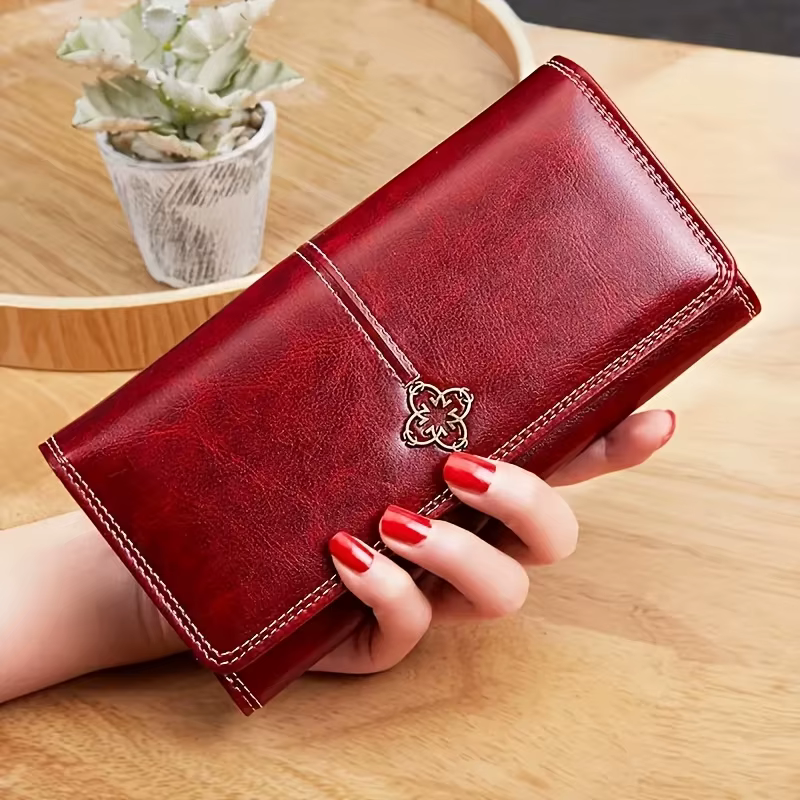 Portefeuille long pour femme en cuir PU, motif cerise, léopard et nœud floral, grande capacité, avec