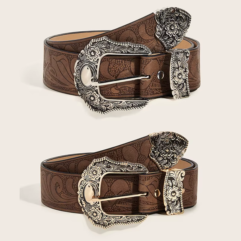 Ceinture Vintage en cuir PU marron occidental pour femme, ceinture de taille Cowgirl avec boucle en 
