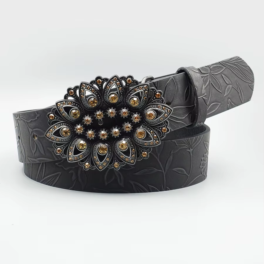 Ceinture élégante rétro incrustée de strass noir pour femmes, avec motif de feuilles imprimé, décora