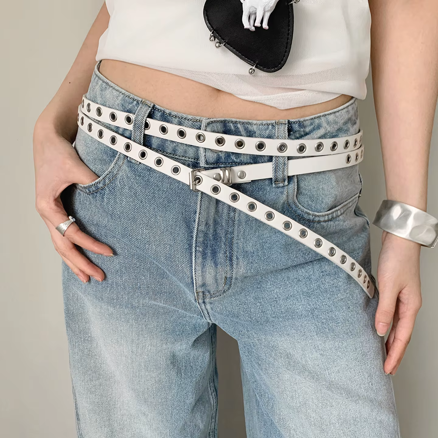 Ceinture en PU à œillets multiples BUYLEMO, style gothique punk, ceinture creuse pour femme
