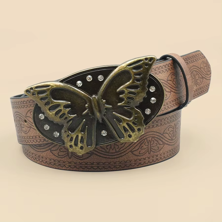 Ceinture papillon rétro Brown Street Punk – Boucle papillon en strass, classique et polyvalente pour