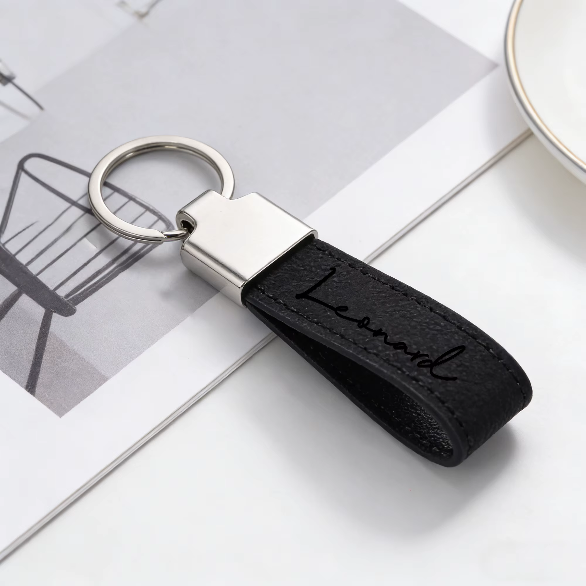 Porte-clés personnalisé sur mesure, gravure au laser du nom, porte-clés en cuir PU, cadeaux d'affair