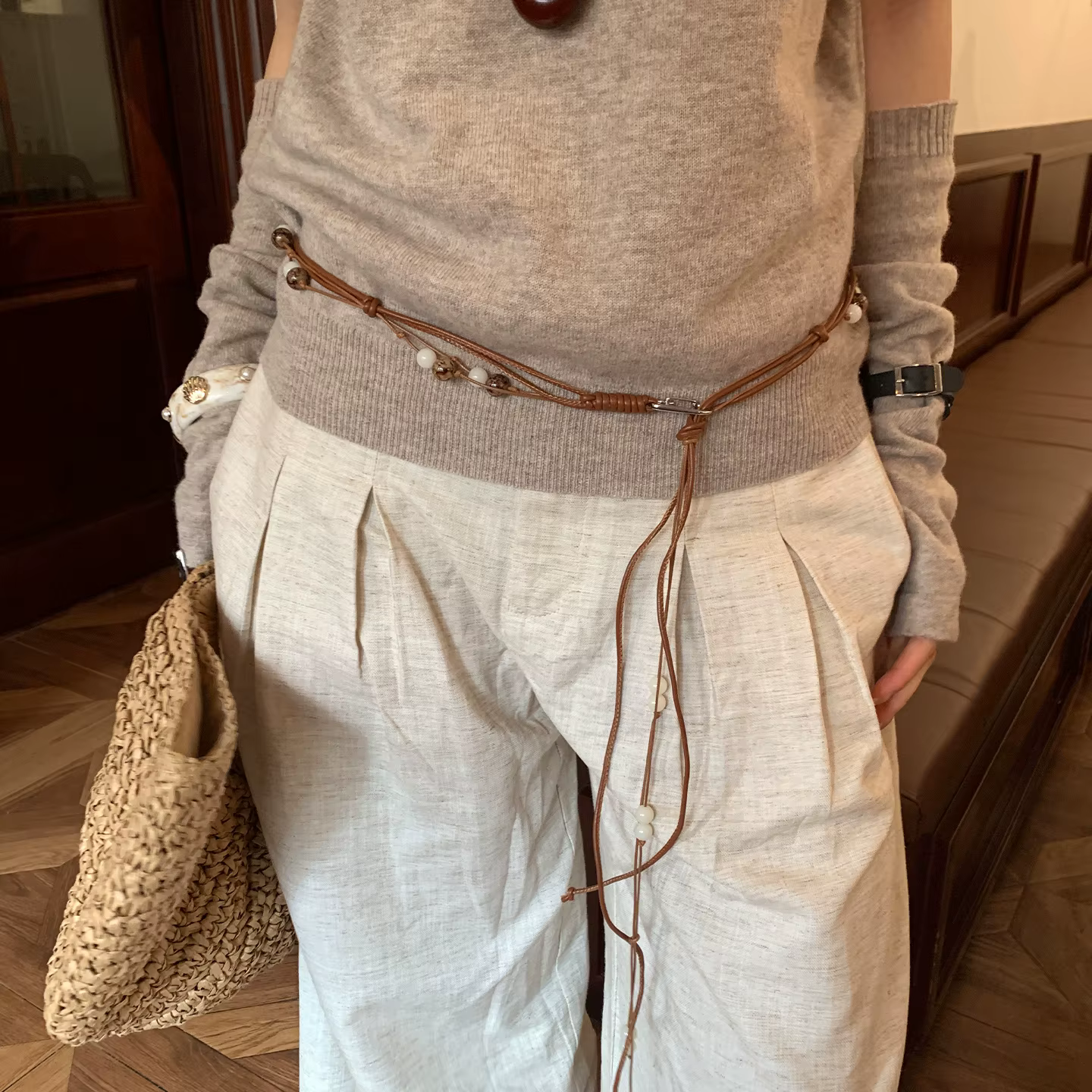 Ceinture tissée ethnique rétro bohème pour femmes, chaîne de perles avec cordon de ceinture pour rob