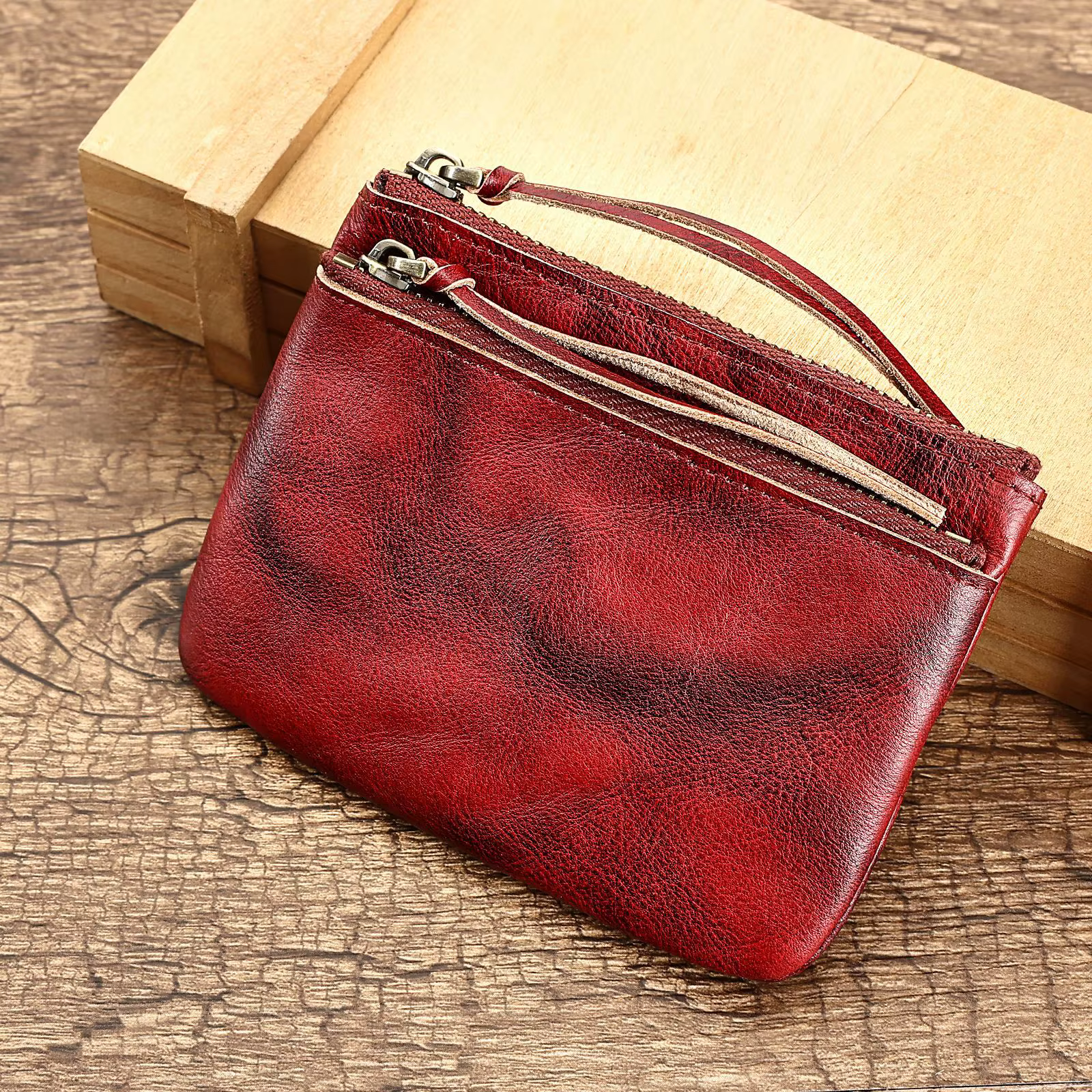 Porte-monnaie vintage en cuir véritable, grande capacité, portefeuille à double fermeture éclair, pl