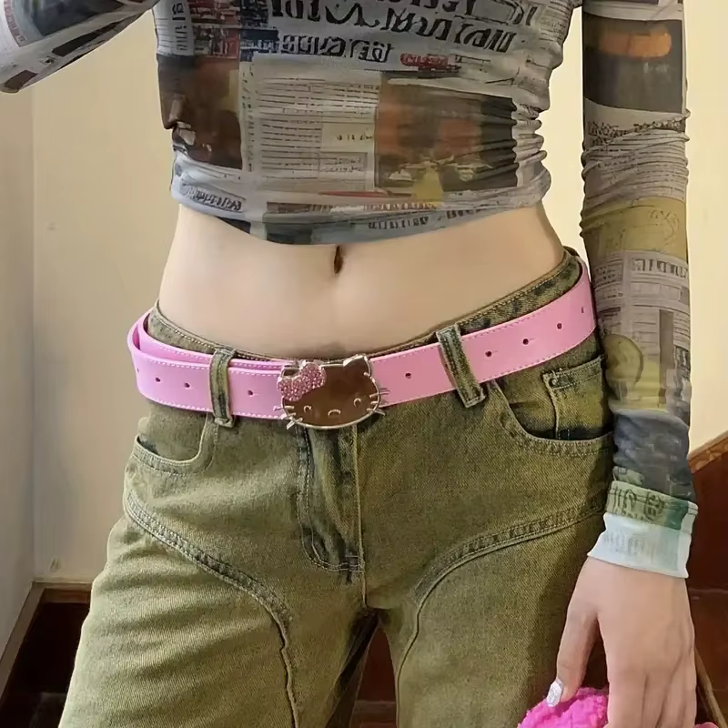 Mininstants Sanurgente-Ceinture en cuir Hello Kitty Y2K pour fille, biscuits rose, noir et blanc, mo