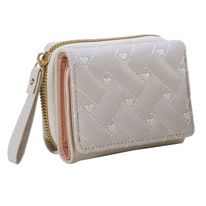 Portefeuille femme pour cuir PU mode brodé amour Tri-fold petit portefeuille porte-carte multi-carte