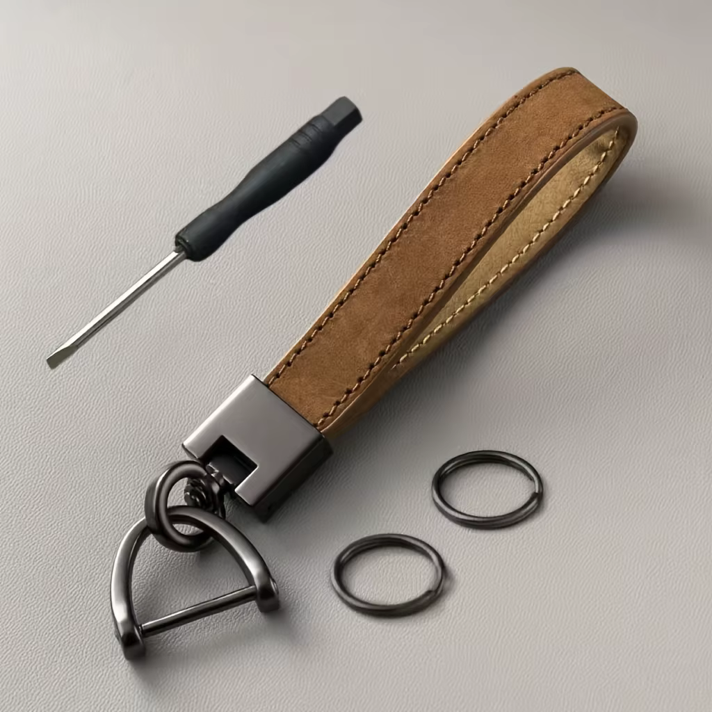 Porte-clés de voiture en cuir véritable de luxe - Porte-clés à boucle de couleur unie, accessoire de