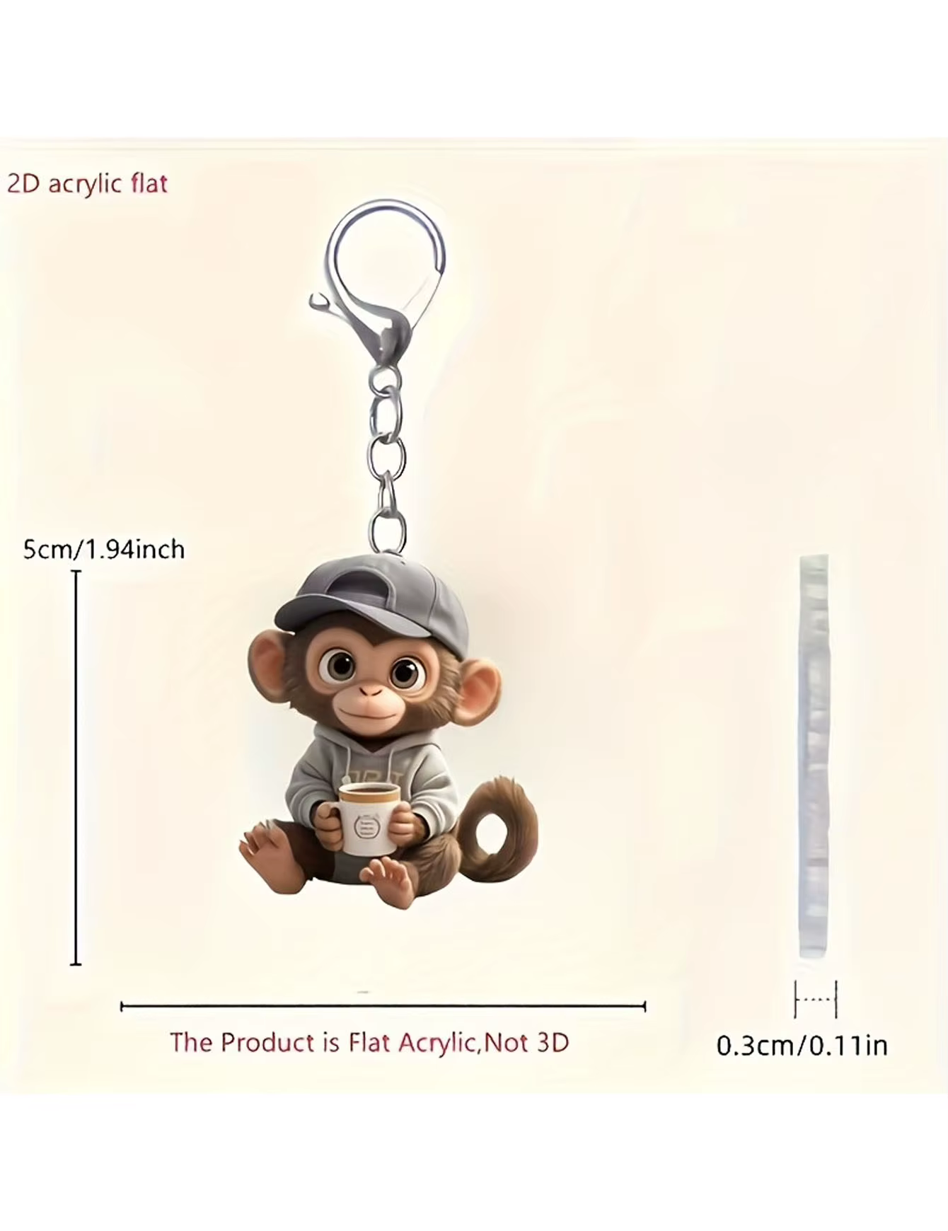 Porte-clés singe 2D amusant, pendentif singe amusant, décoration pour sac à dos et clés de voiture. 