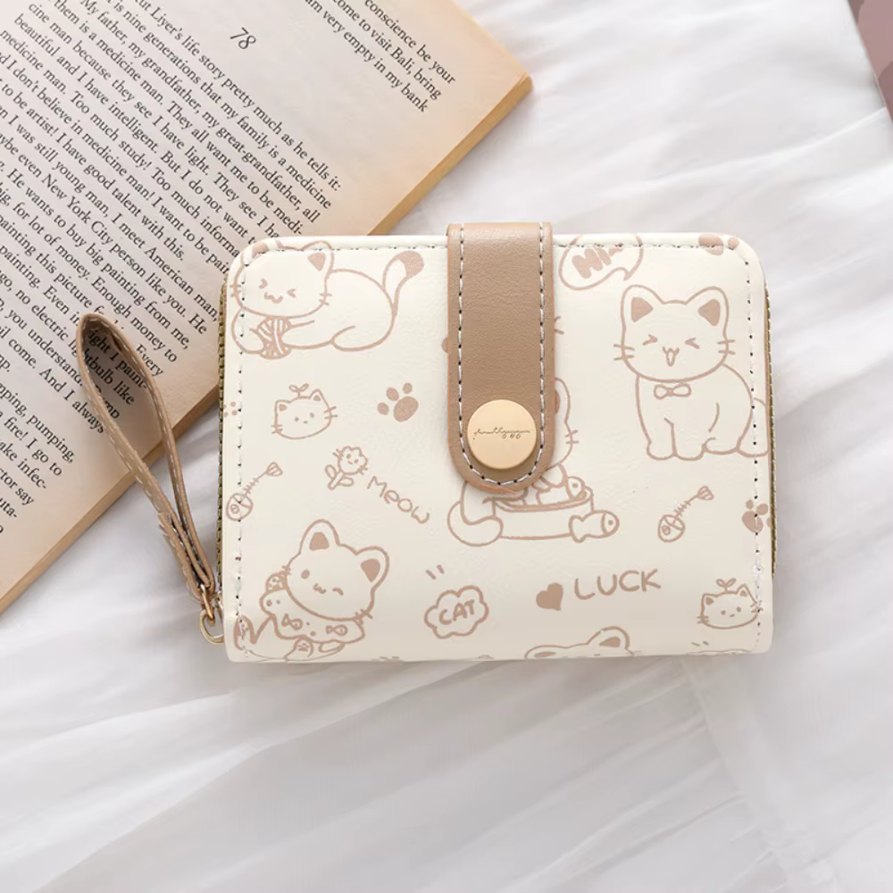 Porte-monnaie chat mignon pour femmes, portefeuille court en cuir PU, grande capacité, léger, porte-