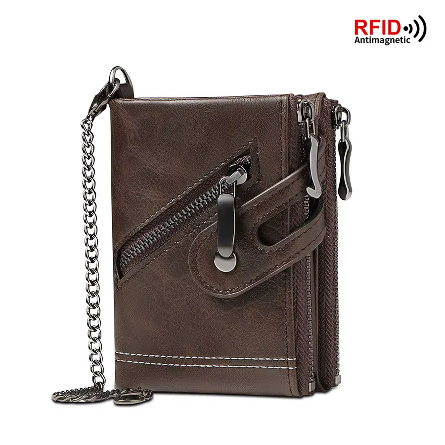 2025 Vintage classique rétro hommes portefeuille avec chaîne RFID antivol en cuir synthétique Double
