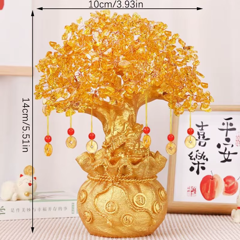 Arbre porte-bonheur en cristal jaune, arbre à argent naturel, ornements style bonsaï, ornements Feng