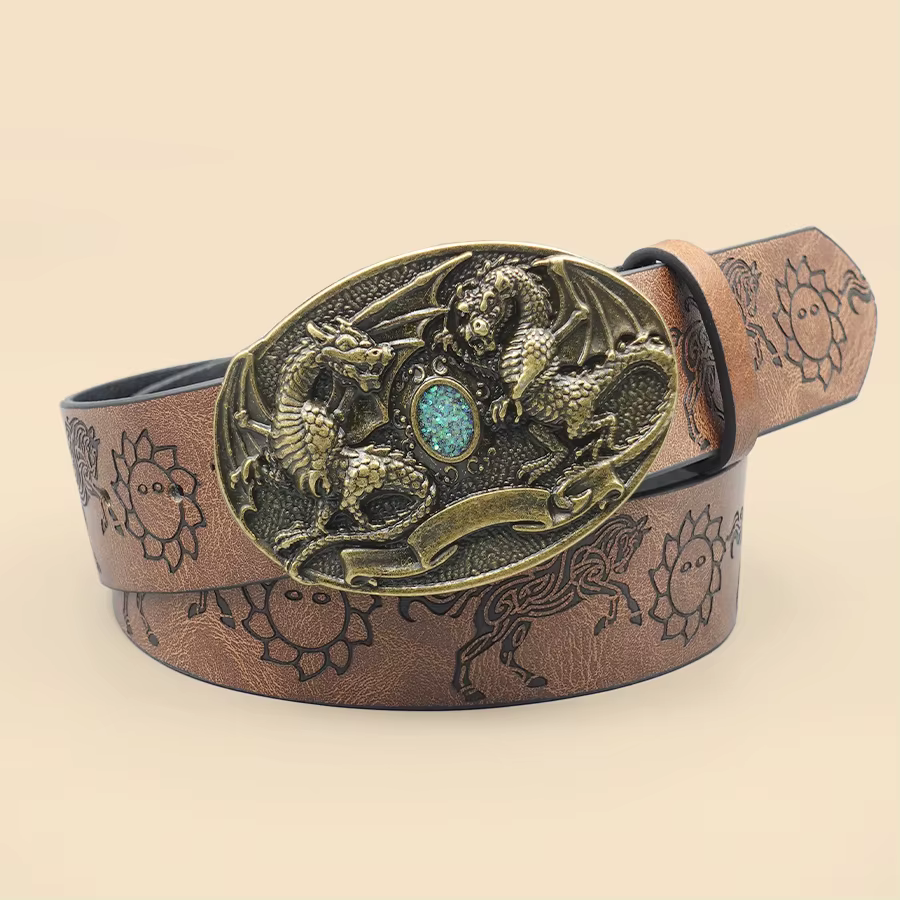 Ceinture décontractée marron de style européen avec motif de dragon rétro sculpté et boucle incrusté