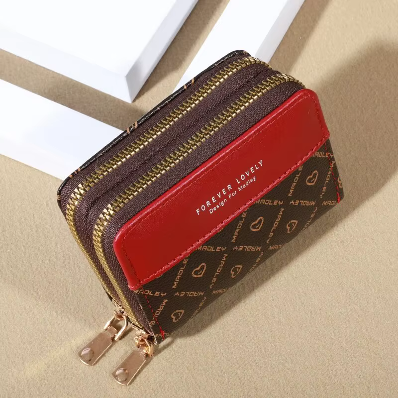 Mini portefeuille en similicuir avec double fermeture éclair, pochette classique compacte, fentes po