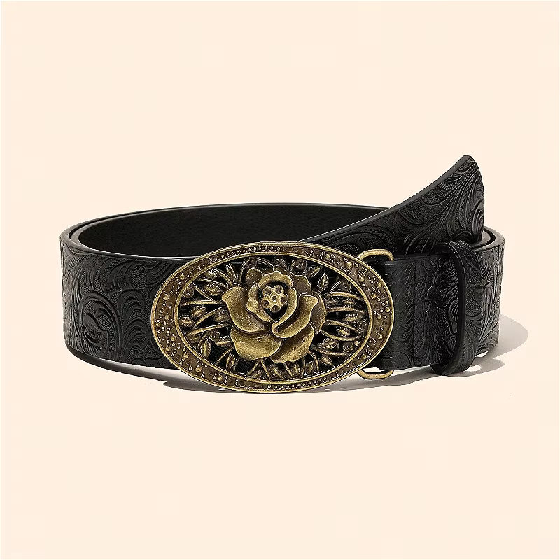 Ceinture en cuir ovale pour femme, élégante et raffinée, avec boucle rose rétro, ceinture de taille 