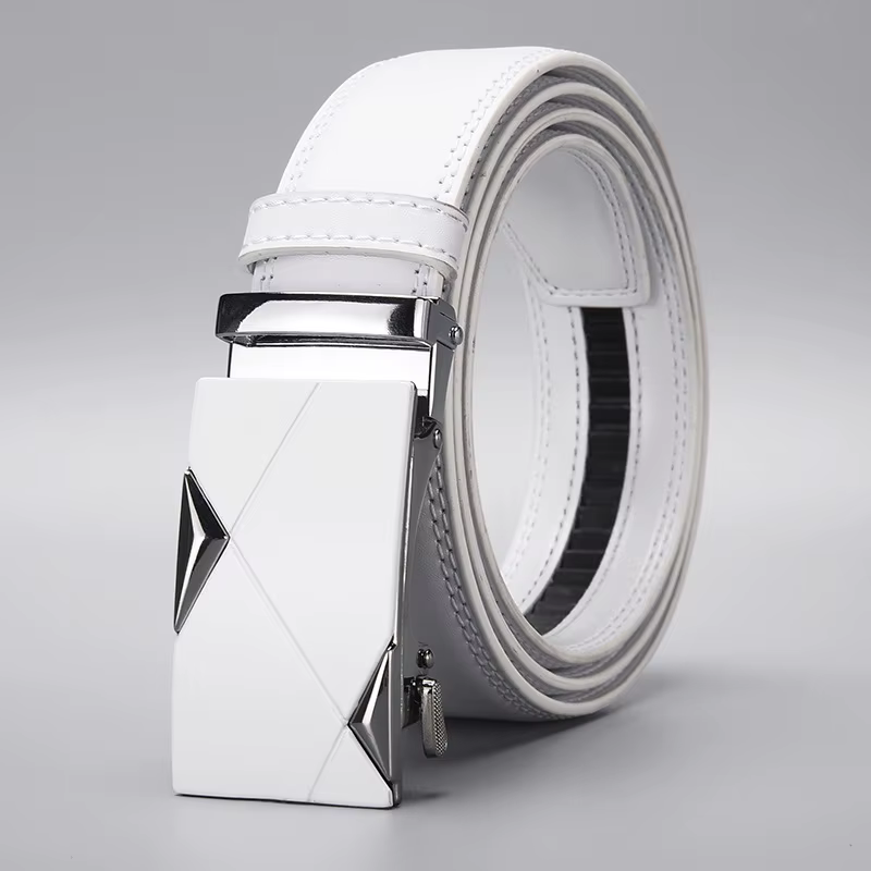 Ceinture en cuir PU blanc pour homme, boucle métallique géométrique automatique, accessoire polyvale