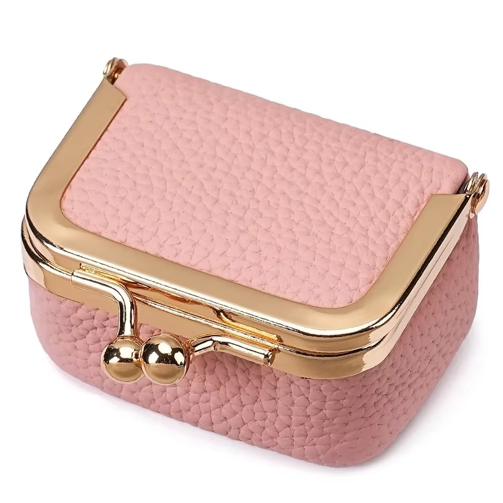 Portefeuille en cuir véritable avec serrure à baiser, porte-monnaie, couleur unie, sac à bijoux mult
