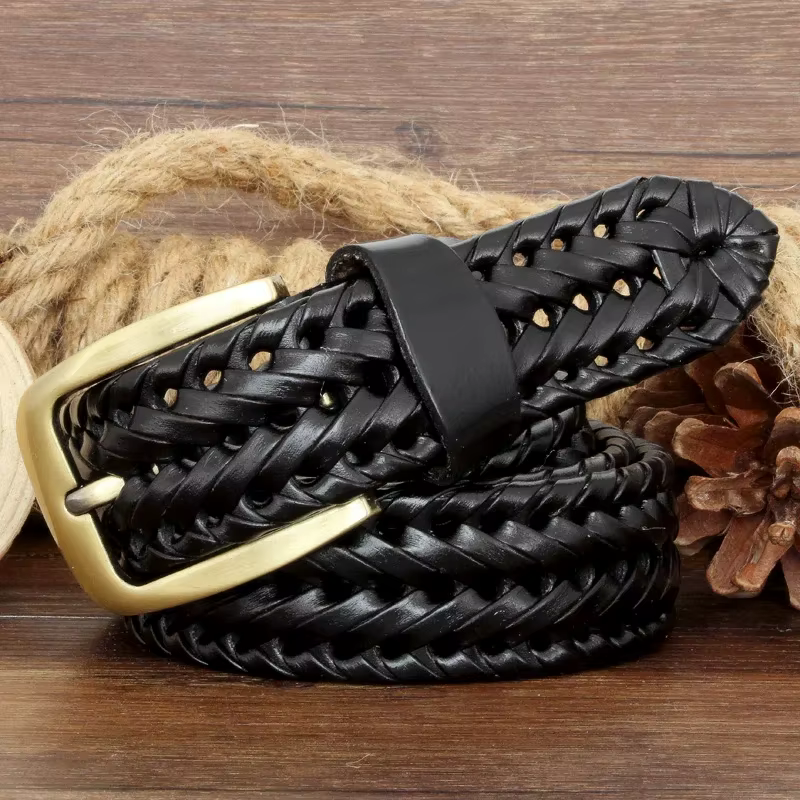 Ceinture tressée en cuir véritable pour homme, accessoire de luxe, deuxième couche de peau de vache,