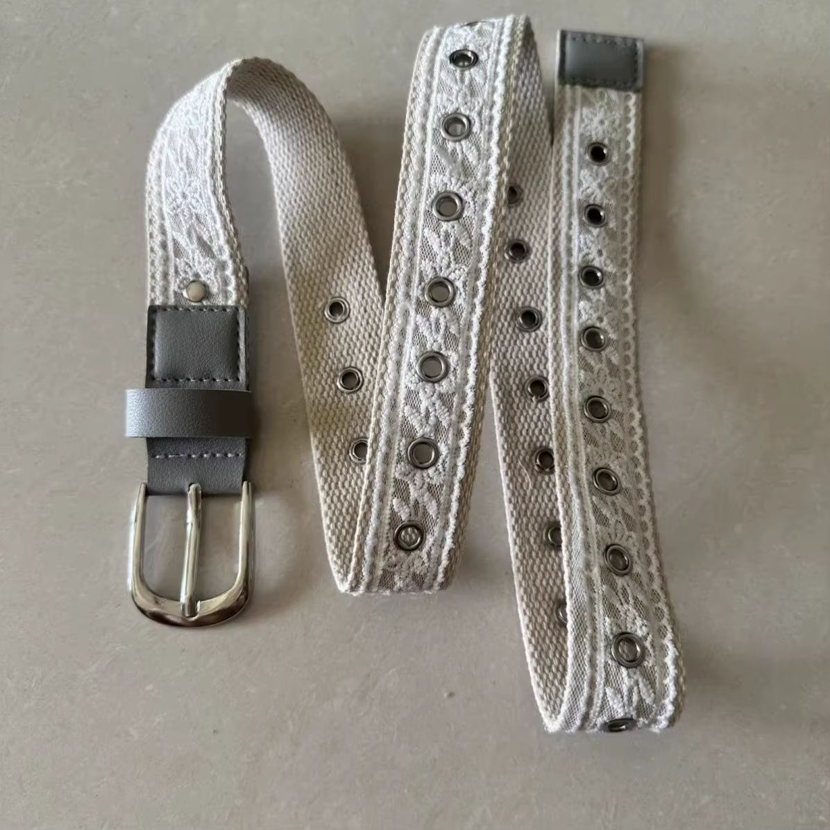 Ceinture en toile vintage avec dentelle pour femme, boucle métallique tendance, ceinture décorative,