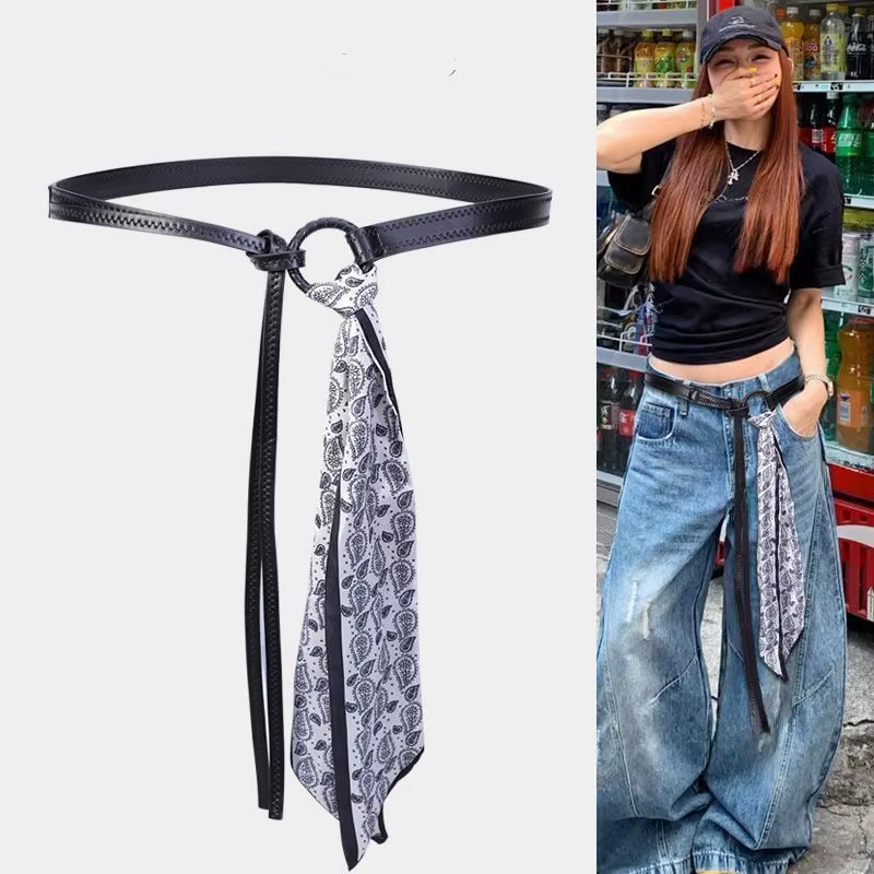 Ceinture de taille pour femmes en cuir PU rétro, style punk et bohème Y2K, avec foulard en soie, ten